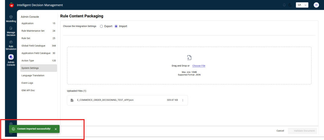 Rule Content Packaging import screen