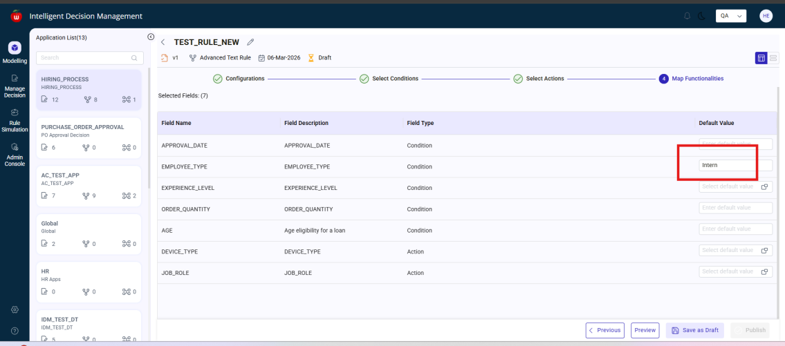 Text Rule map functionalities with default values