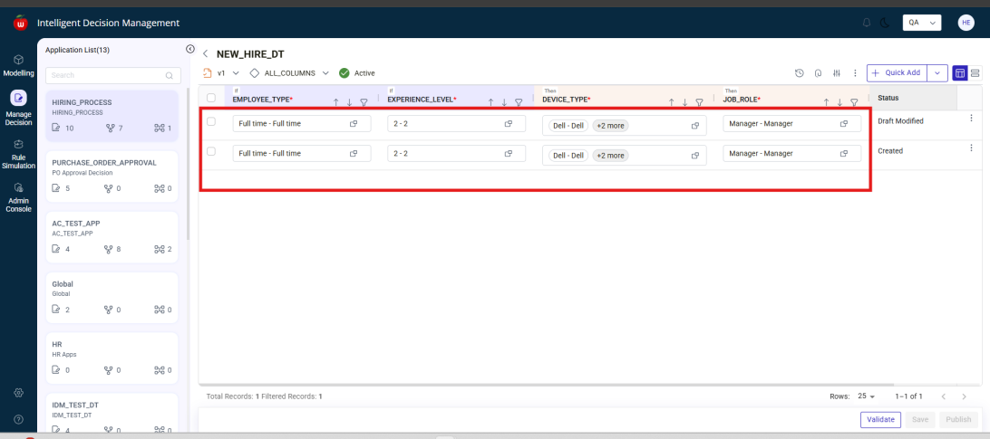 Manage Decision table with populated records