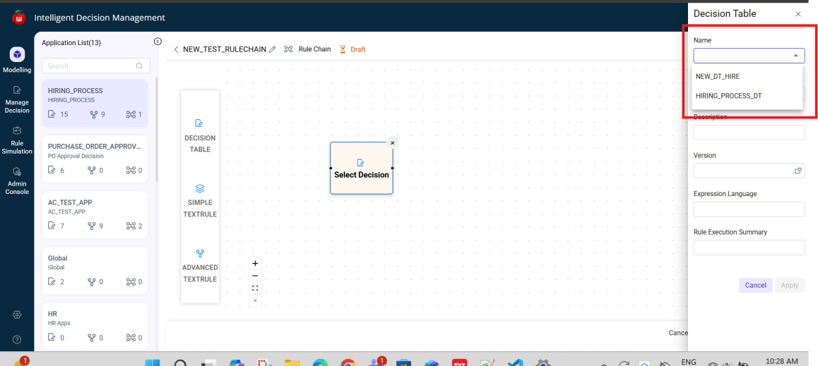 Rule Chain Decision Table selection panel