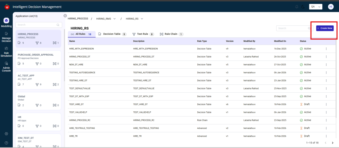Application summary screen with Create New option