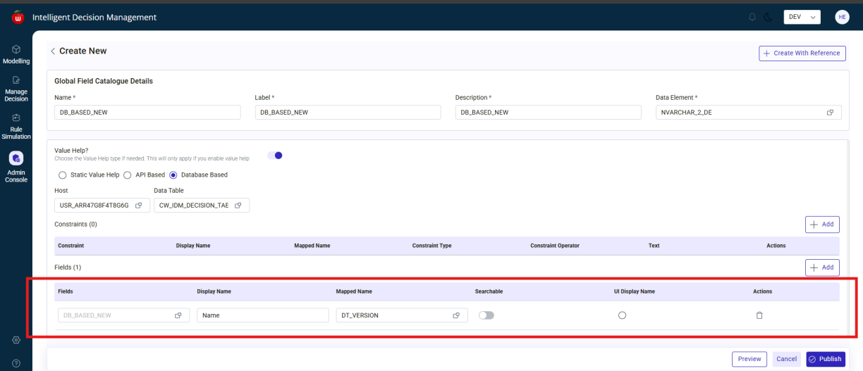 DB-based Global Field Catalogue configuration