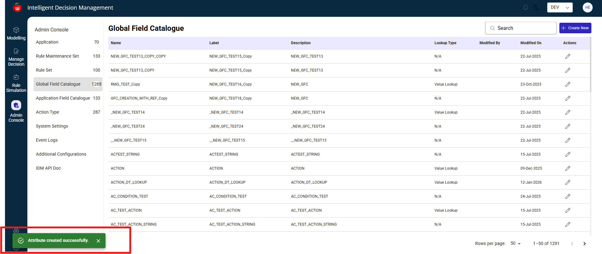 Global Field Catalogue summary screen