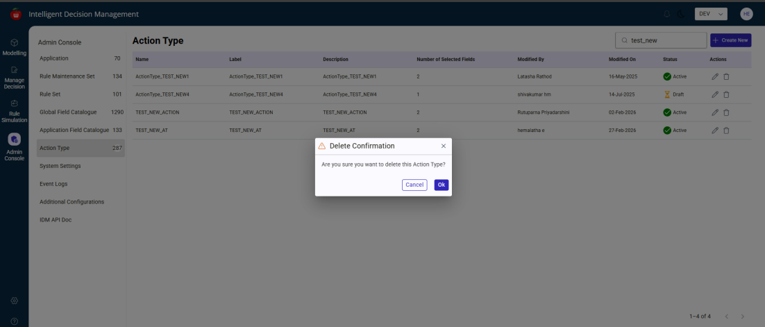 Action Type delete confirmation