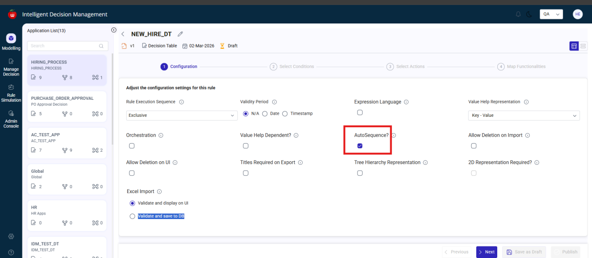 Decision Table configuration with autosequence enabled