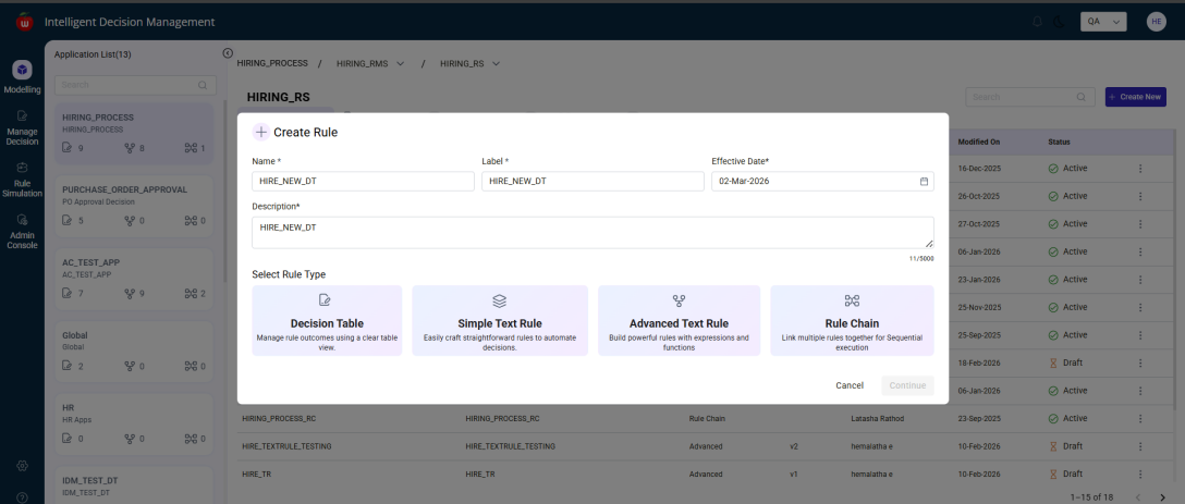 Create Rule dialog from modelling summary