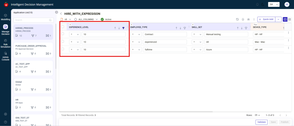 Manage Decision updated records view