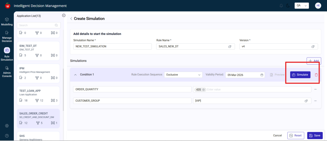 Create Rule Simulation screen