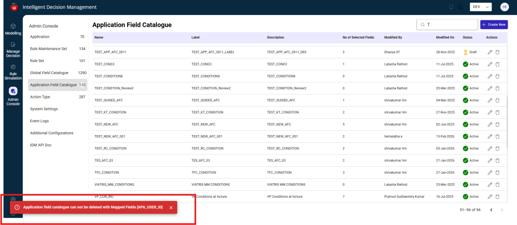 Application Field Catalogue summary screen