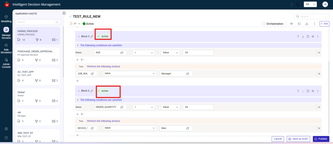 Text Rule blocks in active state
