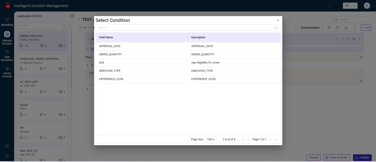 Select Condition popup for Text Rule blocks