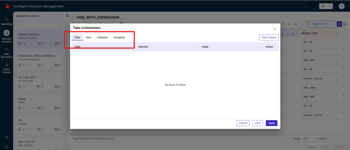 Table customization popup