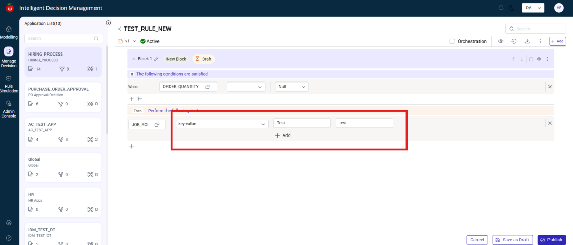 Text Rule action with key-value type
