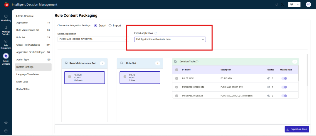 Rule Content Packaging export options