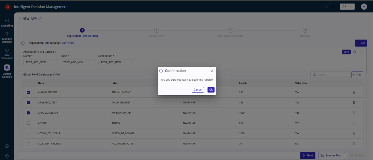 AFC confirmation popup during application creation