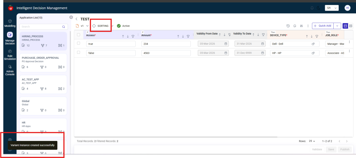 Manage Decision Decision Table view