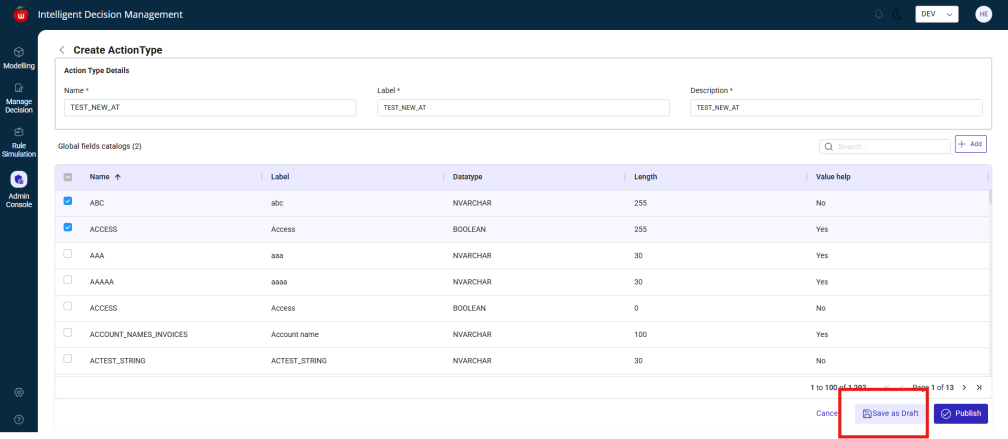 Create Action Type screen