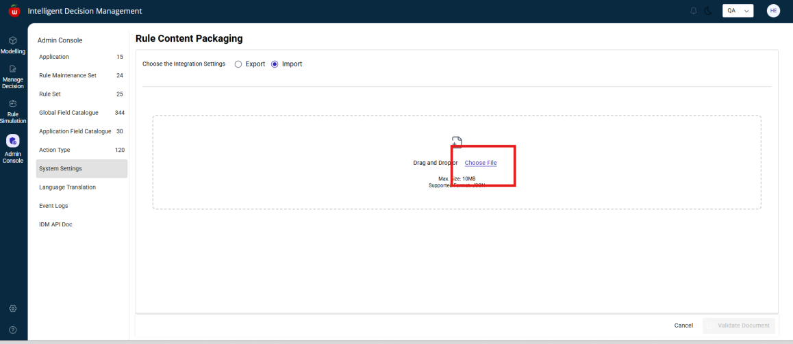 Rule Content Packaging import file selection