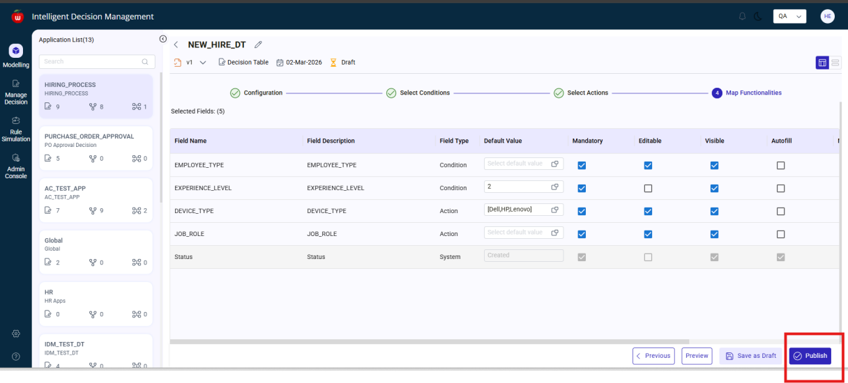 Decision Table publish step