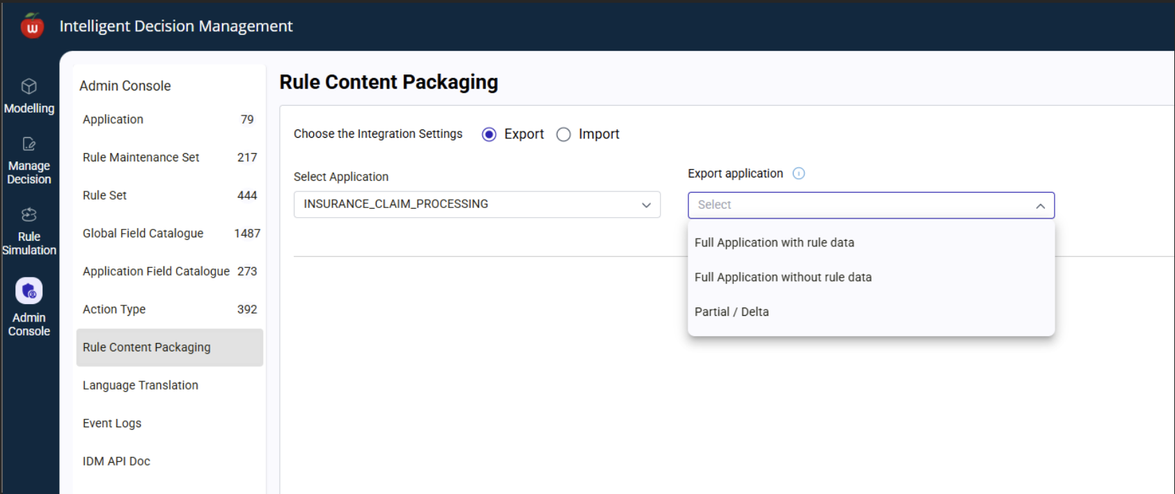 Export rule content screen - application and export type selection