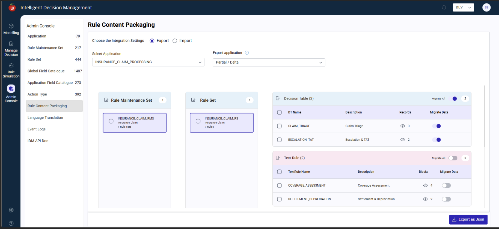 Export rule content screen - application hierarchy view